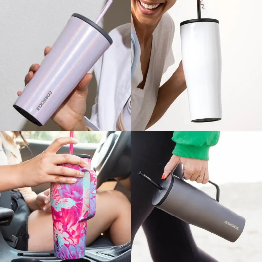 4 pictures of corkcicle bottles in hands